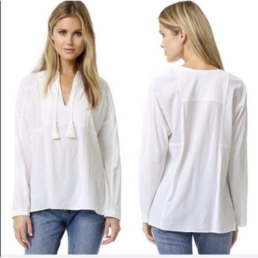 Vince Size S Festival Tassel Tie V-Neck Long Sleeve Blouse White Lagenlook Boho
